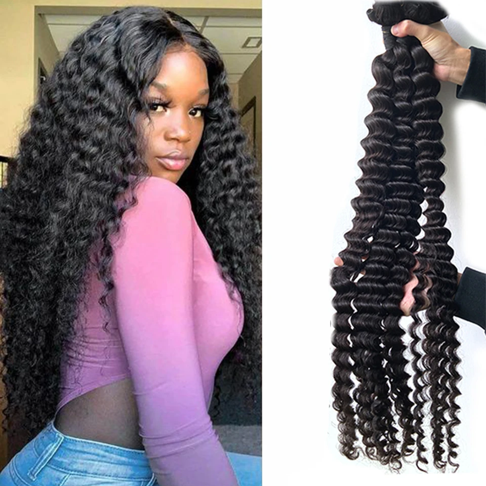 Beaumikala - Fasce di capelli umani "Deep Wave" (onde profonde) e ricci stretti; capelli 100% naturali per donna; extension brasiliane grezze e tessiture (weft) in varie lunghezze (18-28 pollici).