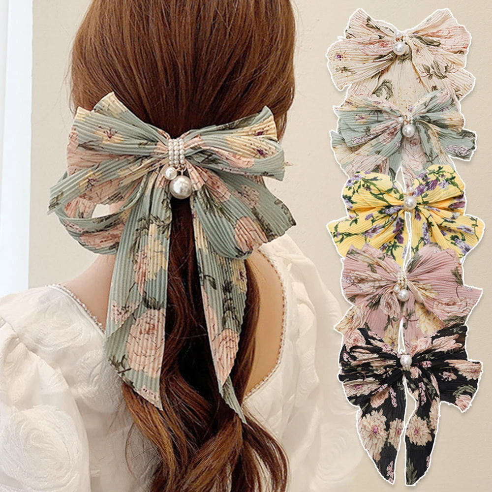 [3 pieces] women's pearly ribbon pin flower hair tins half-tied up head ribbon hairpin set