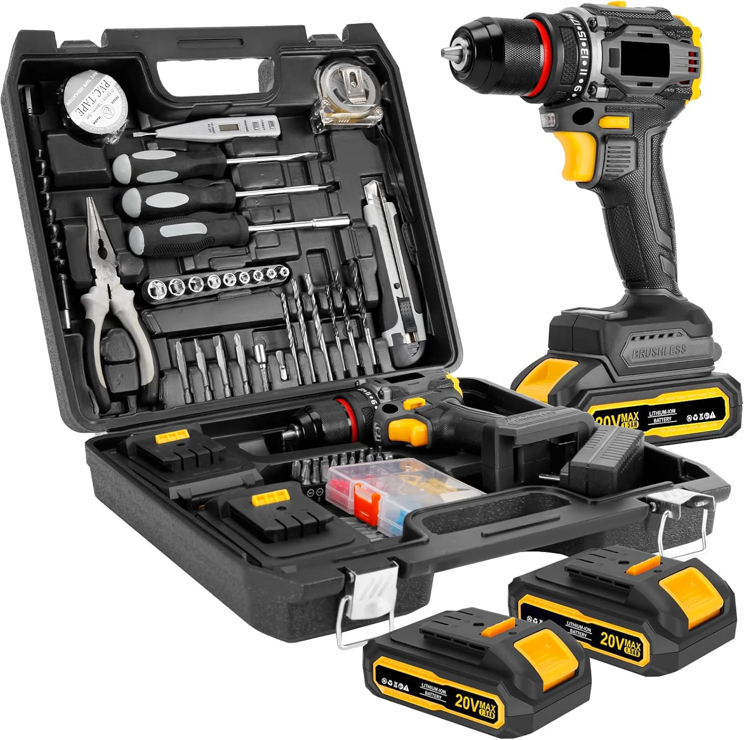 OWJHE 135-teiliges Elektrowerkzeug-Set mit 20V Akku-Bohrschrauber, 3/8'' Schnellspannbohrfutter, Professionelles Heimwerker-Handwerkzeug-Set