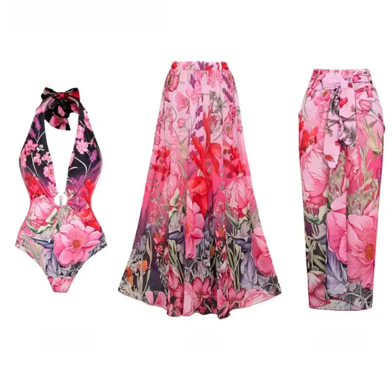 FLAXMAKER 2024 V Neck kwiatowy Print jednoczęściowy strój kąpielowy i spódnica stroje kąpielowe wakacje kostiumy kąpielowe strój kąpielowy body sukienka — zdjęcie 2