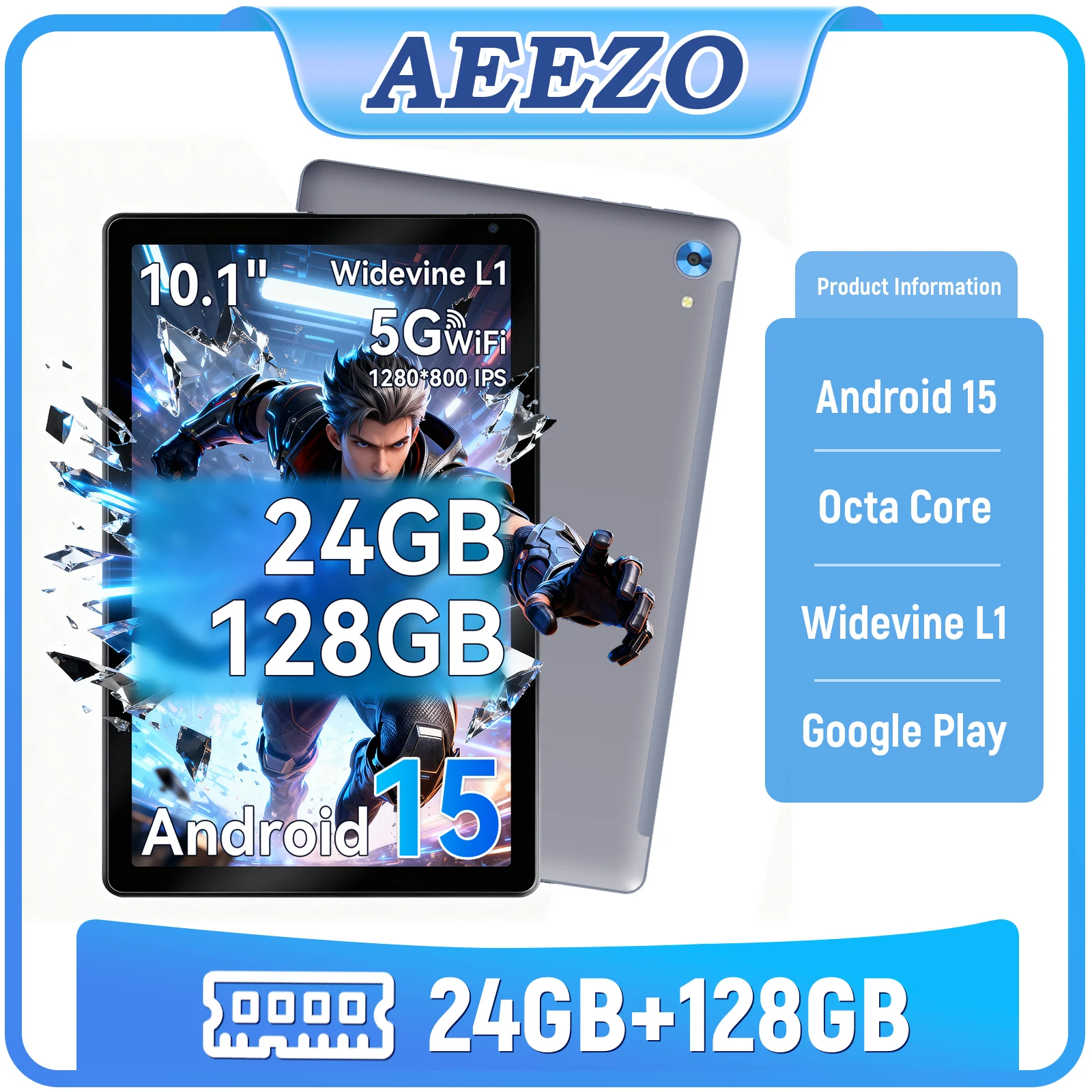 แท็บเล็ต AEEZO ขนาด 10 นิ้ว รุ่นล่าสุด ระบบปฏิบัติการ Android 15 ชิปประมวลผล Octa Core หน่วยความจำ 24GB+128GB/รองรับการเพิ่มความจุ 1TB หน้าจอสัมผัส IPS HD ความละเอียด 1280x800 รองรับ Widevine L1 และ Google Play