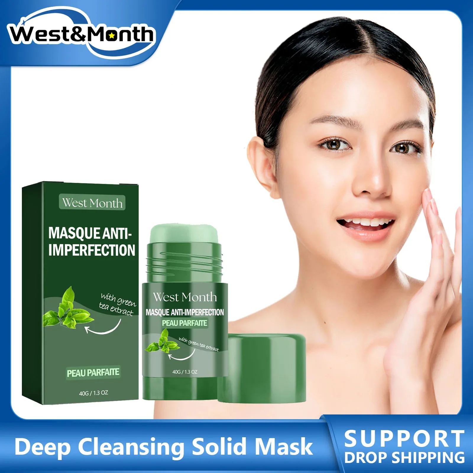 Green Tea Cleansing Stick Mask Blackheads Removal Reduce Acne Pores Purifying Oil Control Whitening Moisturizing Solid Mud Mask