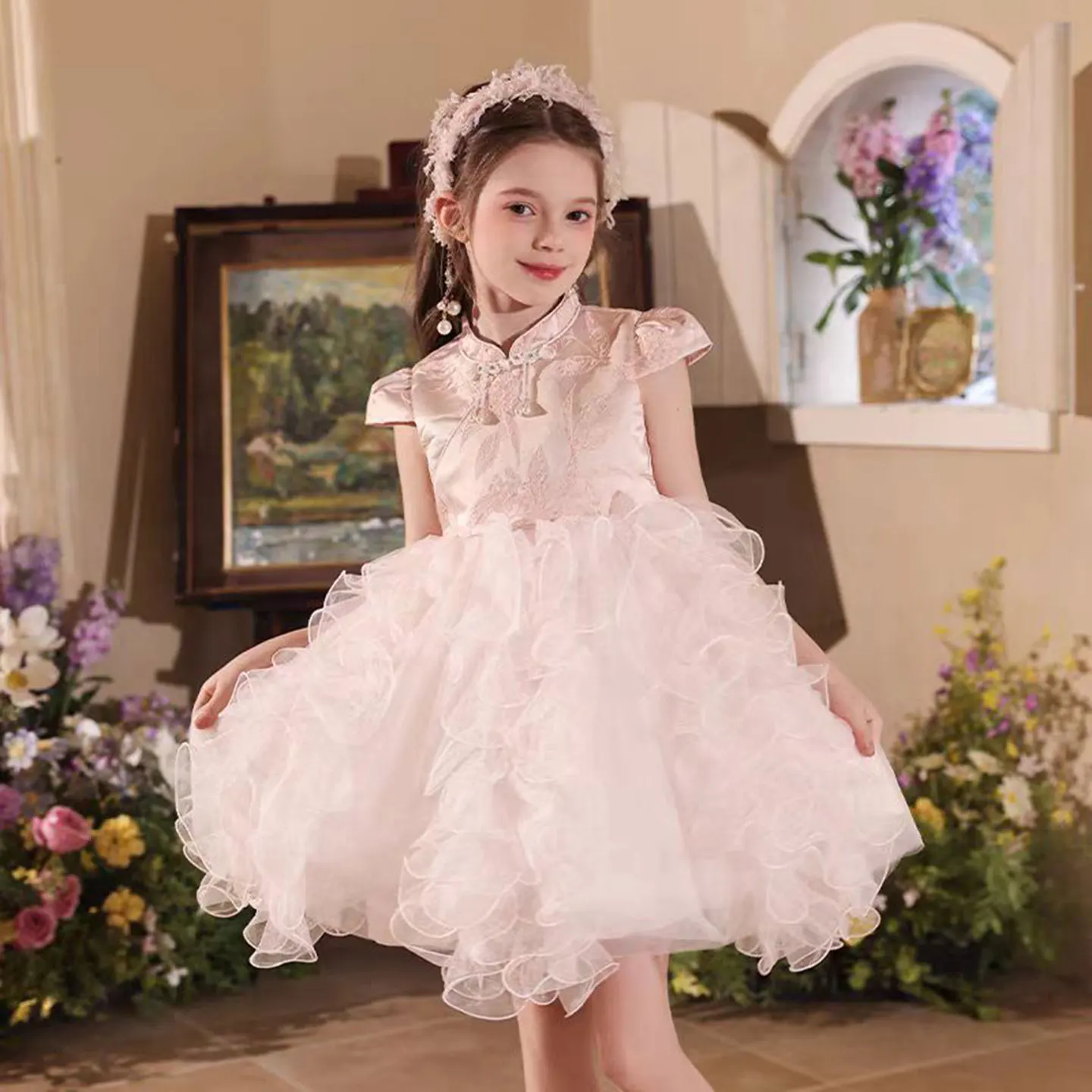 Dreamy Vow J519 Adorable Chinese style-Neck Embroidered Tulle Baby Girl Dress Wedding Birthday Party Knee Length Prom Gown