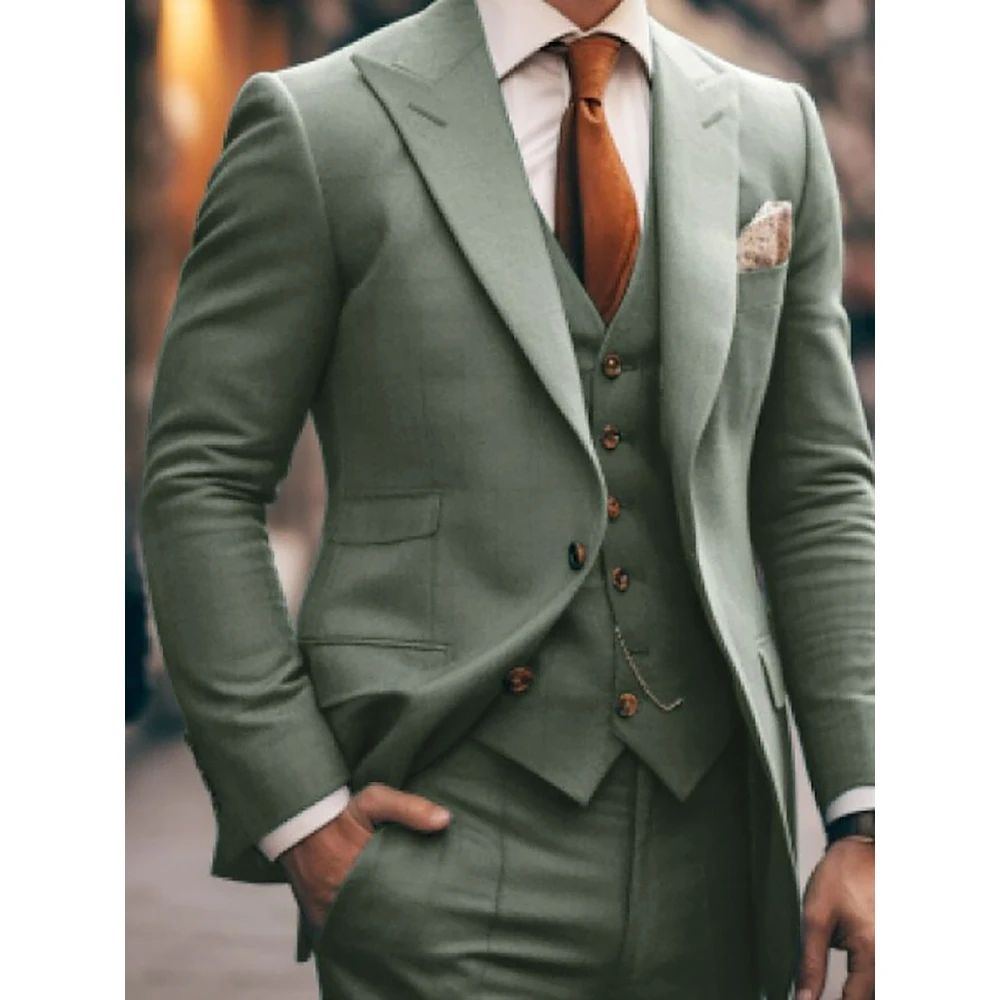 Bespoke Solid Color Men's Suits Peak Lapel Single Breasted 3 Piece Sets Jacket Pants Vest Formal Prom Party Wedding Blazer 2025