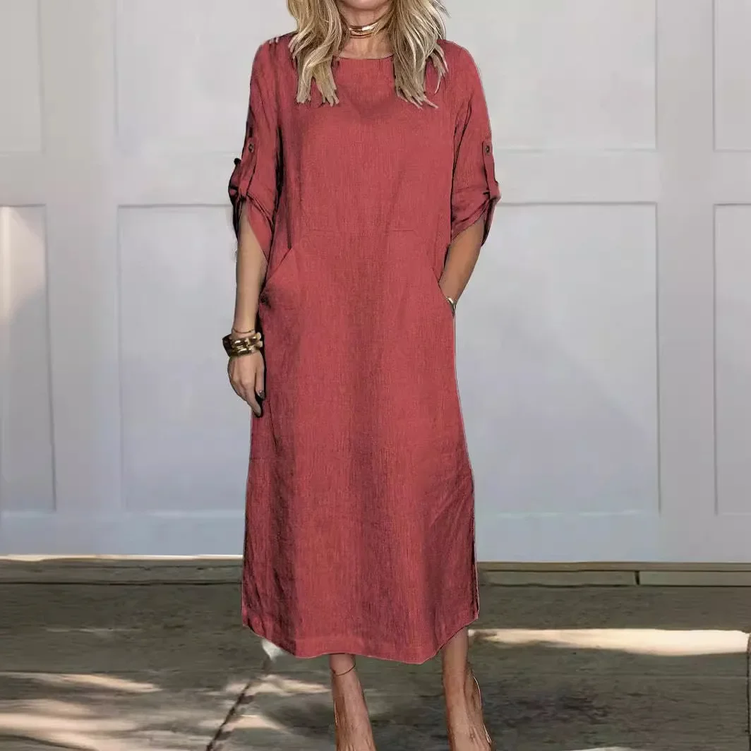 Damska bawełniana lniana długa sukienka z podwójnymi kieszeniami Monochromatyczna sukienka retro z okrągłym dekoltem Wiosna Lato Nowy Casual Lady Robe — zdjęcie 2