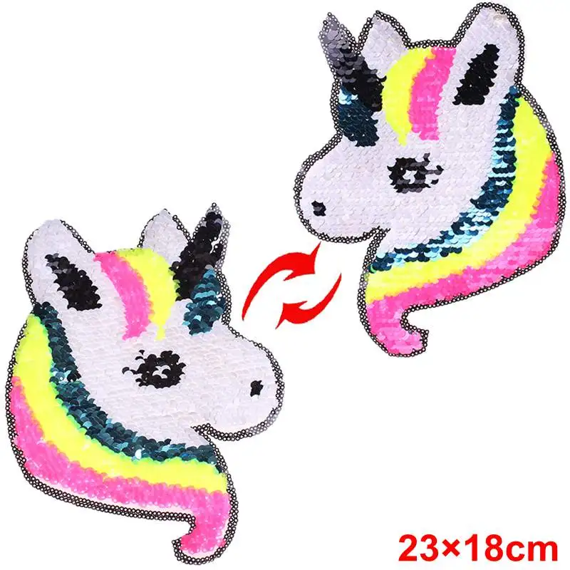 Unicorn Cloth Patches Reversible Change Color Sequins Applique For Clothing Stickers DIY Sew On Patches On Clothes Cartoon Patch