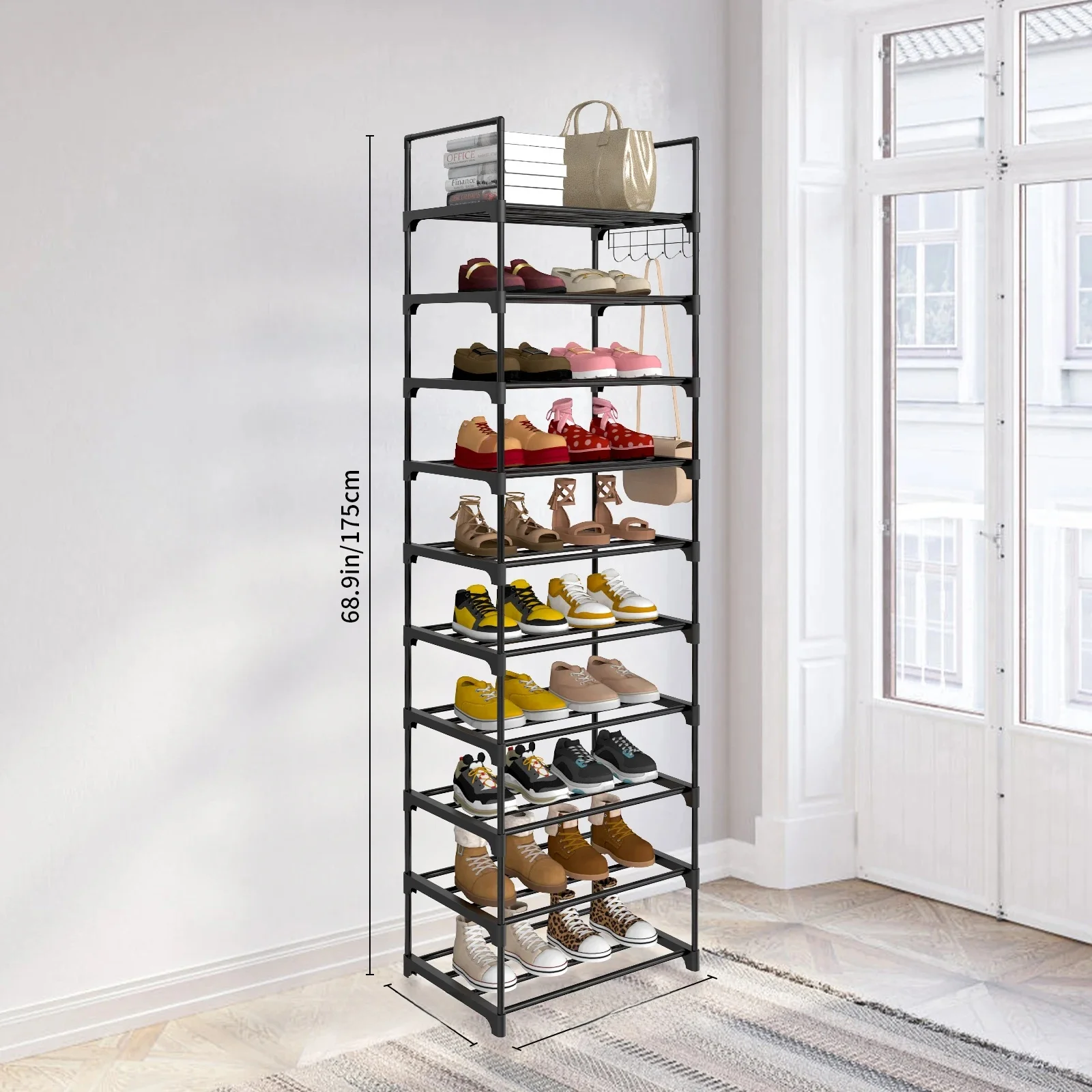 Multilaye Metal Shoe Rack Organizer 10 Tier Load-Bearing Space Saving Fashion Black Shoe Shelf High Quality Adjustable Shoe Rack