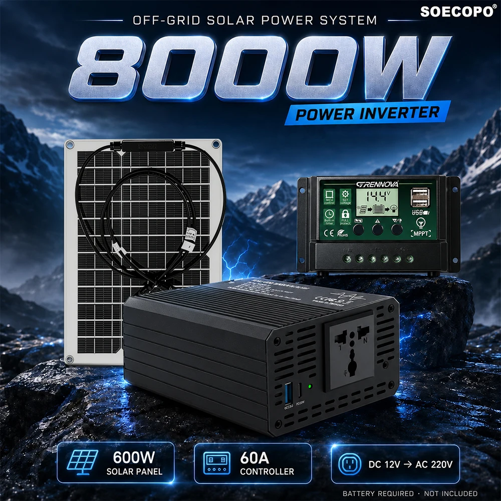 SOECOPO 8000W Version Off Grid System Kit with 800W Rated Inverter MPPT Controller DC12V to AC220V 600W Solar Panel Power for RV