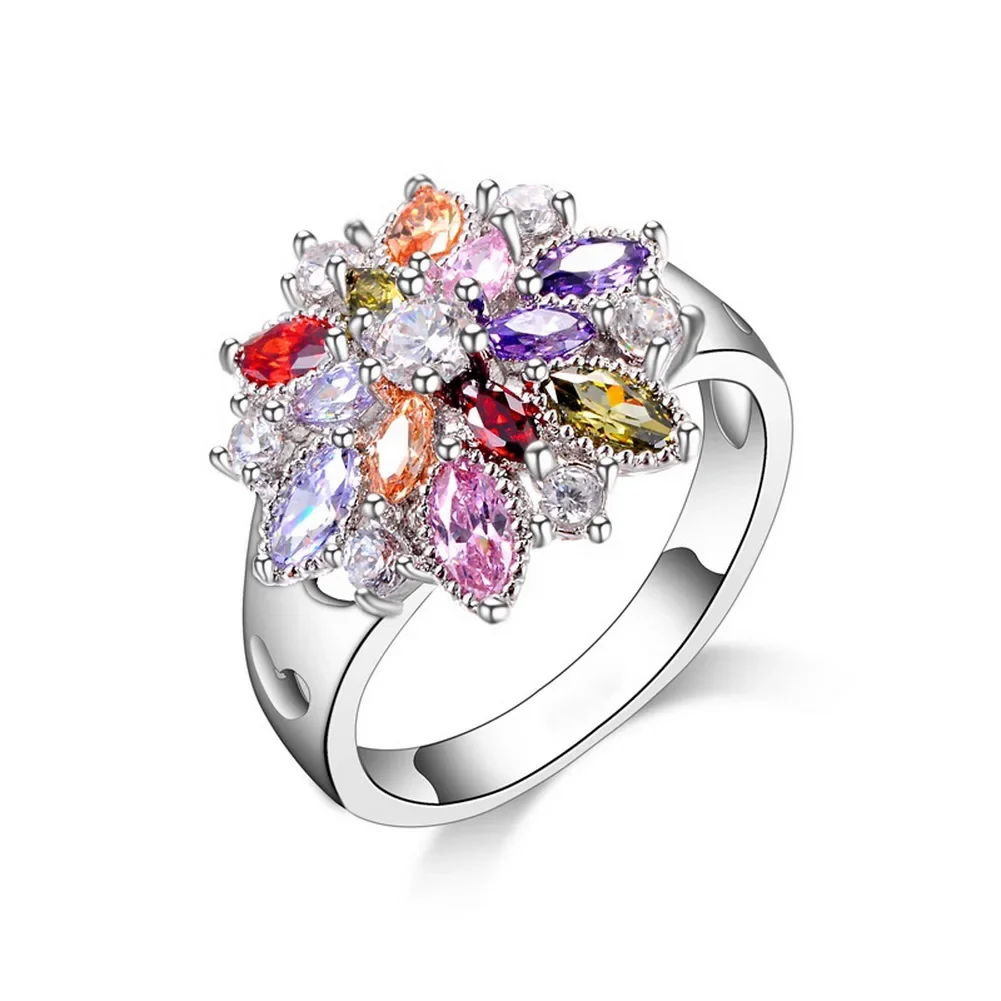 Pierścionek Moda 925 Sterling Silver Kolor Biżuteria Kolorowa cyrkonia Kwiatowy wzór Śliczny styl Kobiety Dziewczyny Impreza Zaręczyny — zdjęcie 2