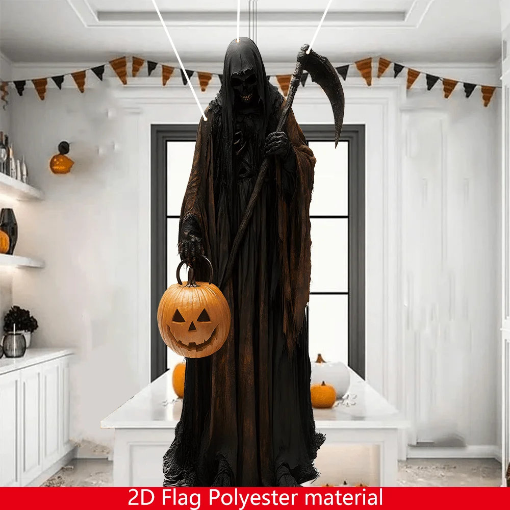 

1PC Halloween Horror Decoration Scary Black-Headed Skull Flag Grim Reaper Pumpkin Design Durable Polyester Hanging Indoor Decora