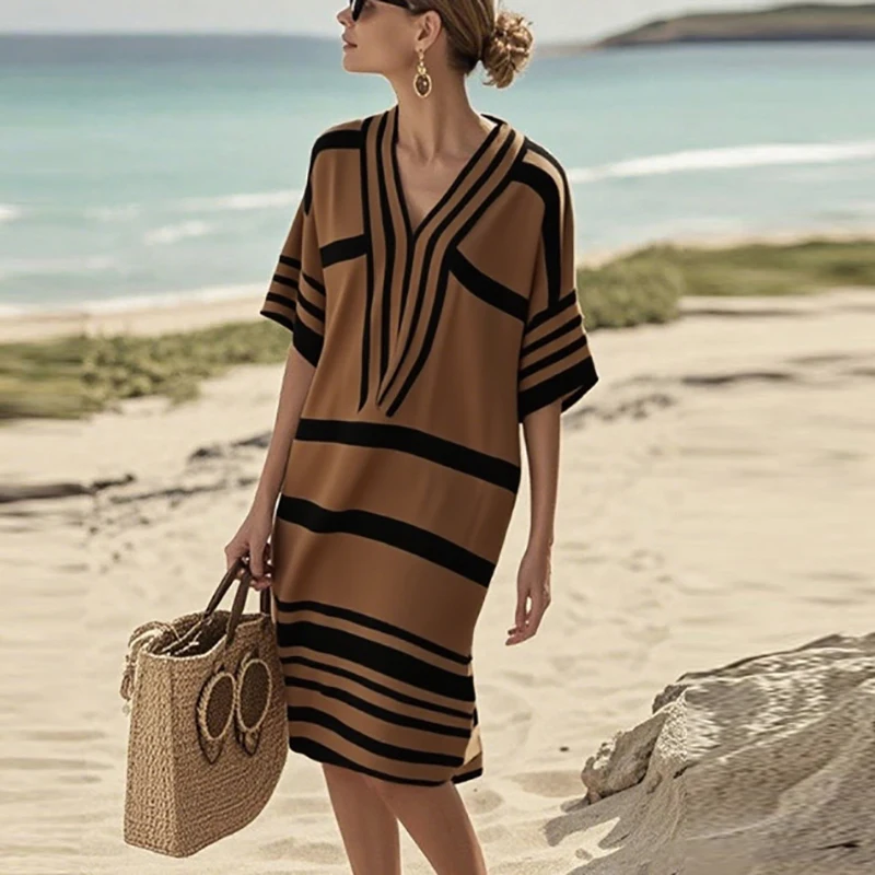 Abito stampato vintage da donna estivo casual mezza manica abiti da vacanza al mare per le donne abiti da pendolarismo larghi con scollo a V Boho