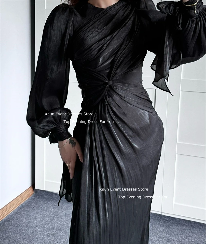 Xijun Modest Black Evening Dresses Mermaid Full Sleeves Formal Prom Dresses O-Neck Moroccan Kaftan Dubai Prom Gowns Floor Length