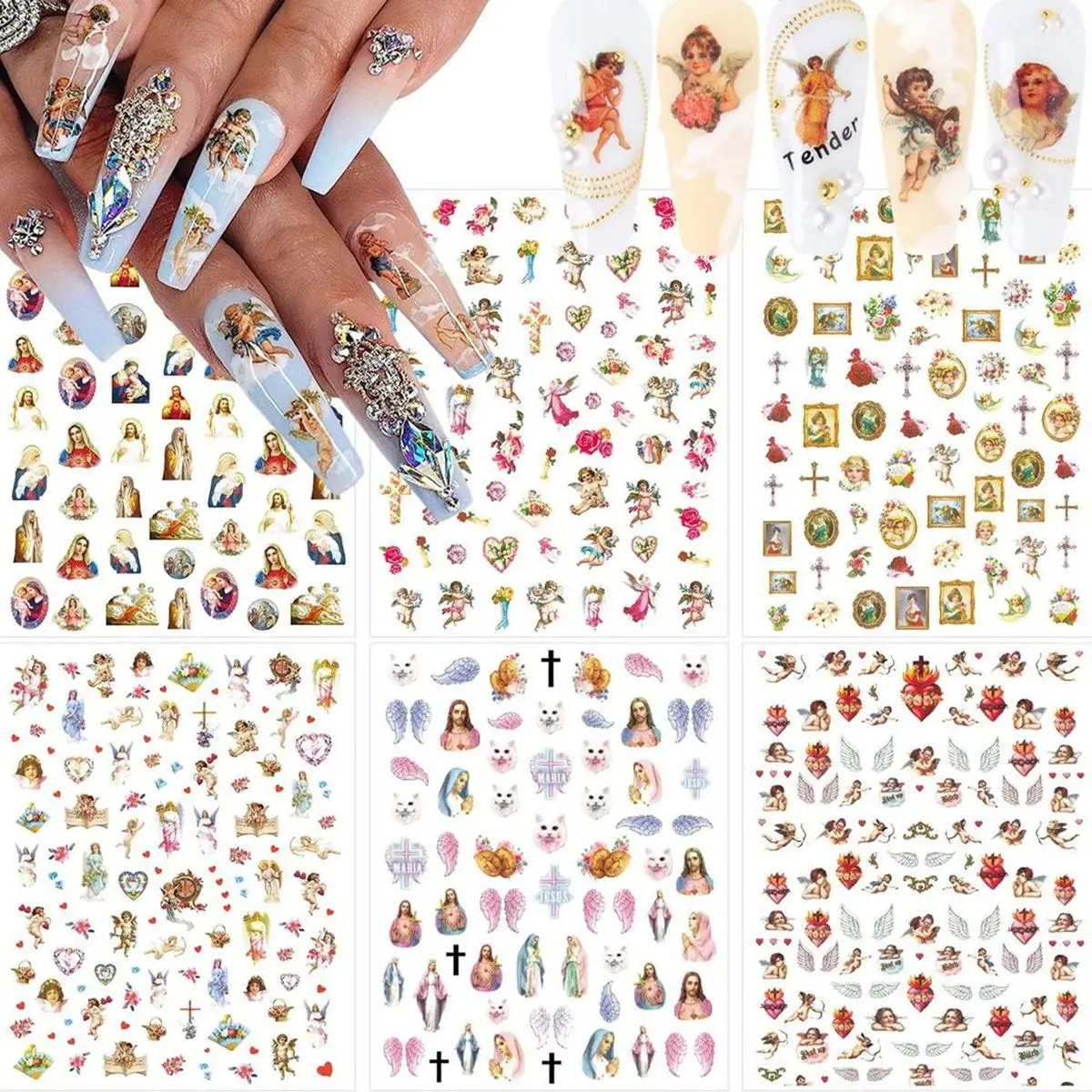 

3/6 Sheets Vintage Angel Nail Stickers Jesus Cross Gothic Holy Nail Art Decals Religious Retro Nail Decorations