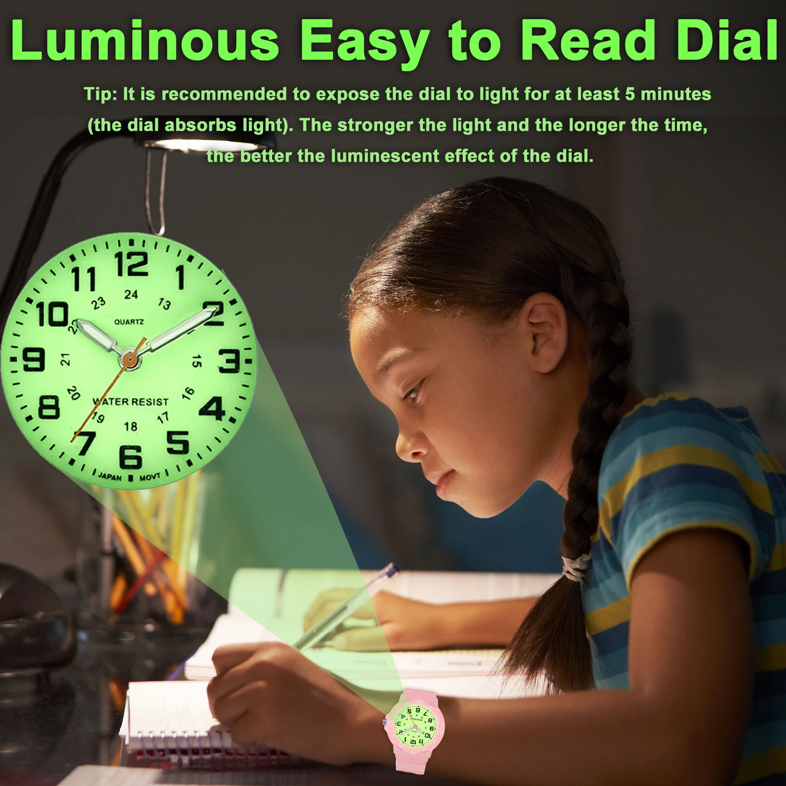 ساعة تناظرية للأطفال SOCICO 923 باللون الوردي الفلورسنت المتوهج للأطفال - حزام ناعم مقاوم للماء وسهل القراءة #4
