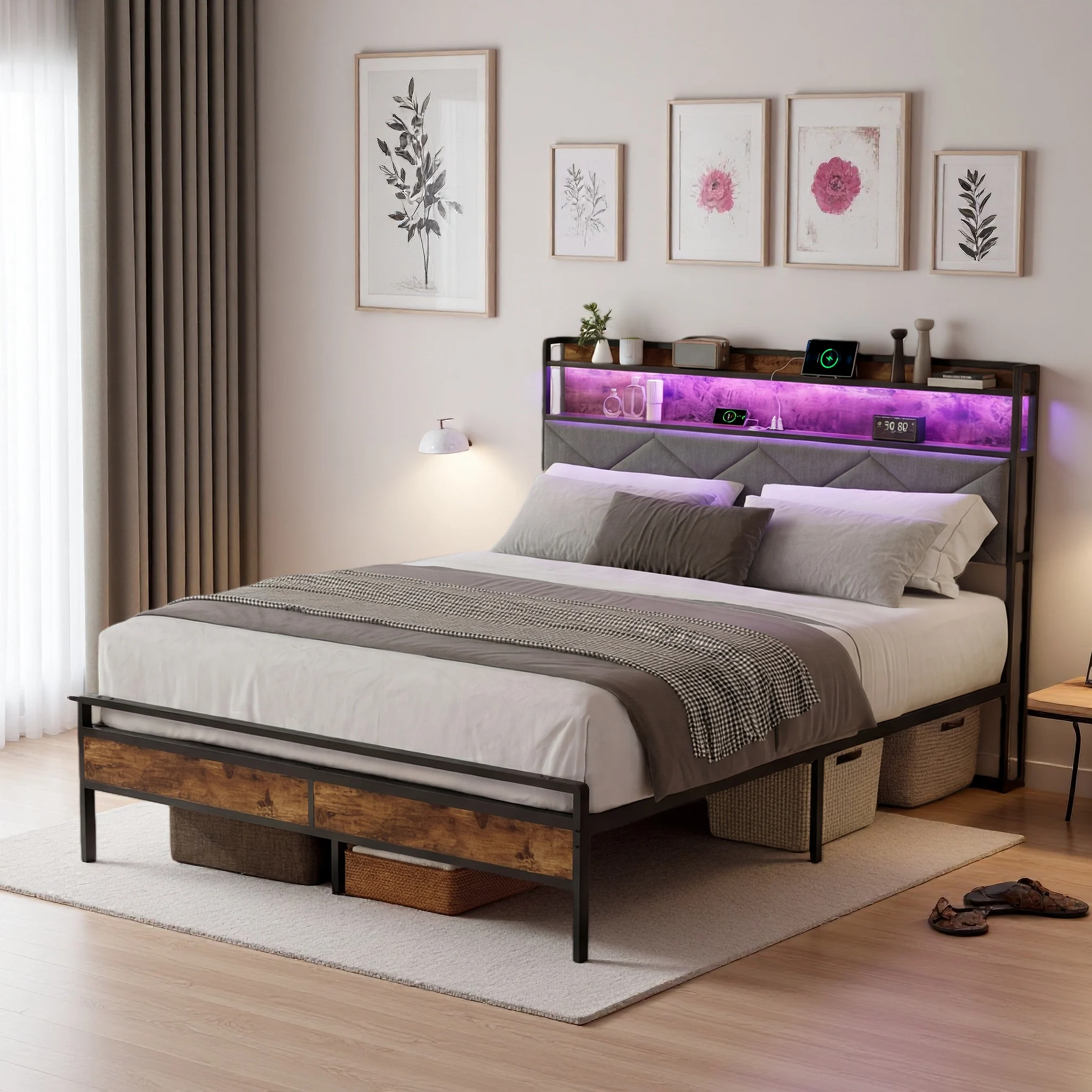Bettrahmen 140x200 cm, Polsterbett mit LED Beleuchtung & Ladestation, Doppelbett/Einzelbett Gästebett Metallbett, Jugendbett mit Stauraum Holz Kopfteil, Gästebett mit Lattenrost, Leinen, Grau
