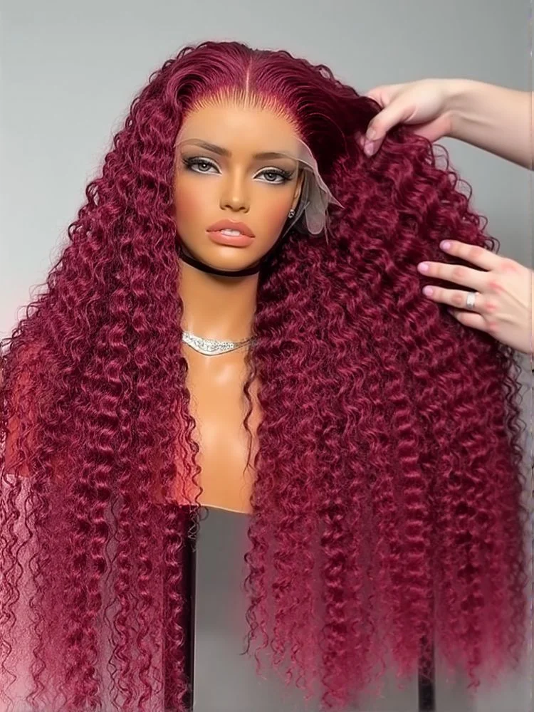 200% الكثافة 99J بورجوندي ملون موجة عميقة عالية الكثافة 13X4 الدانتيل شعر مستعار أمامي عميق مجعد أحمر اللون الدانتيل أمامي خصلات الشعر المستعار الإنسان
