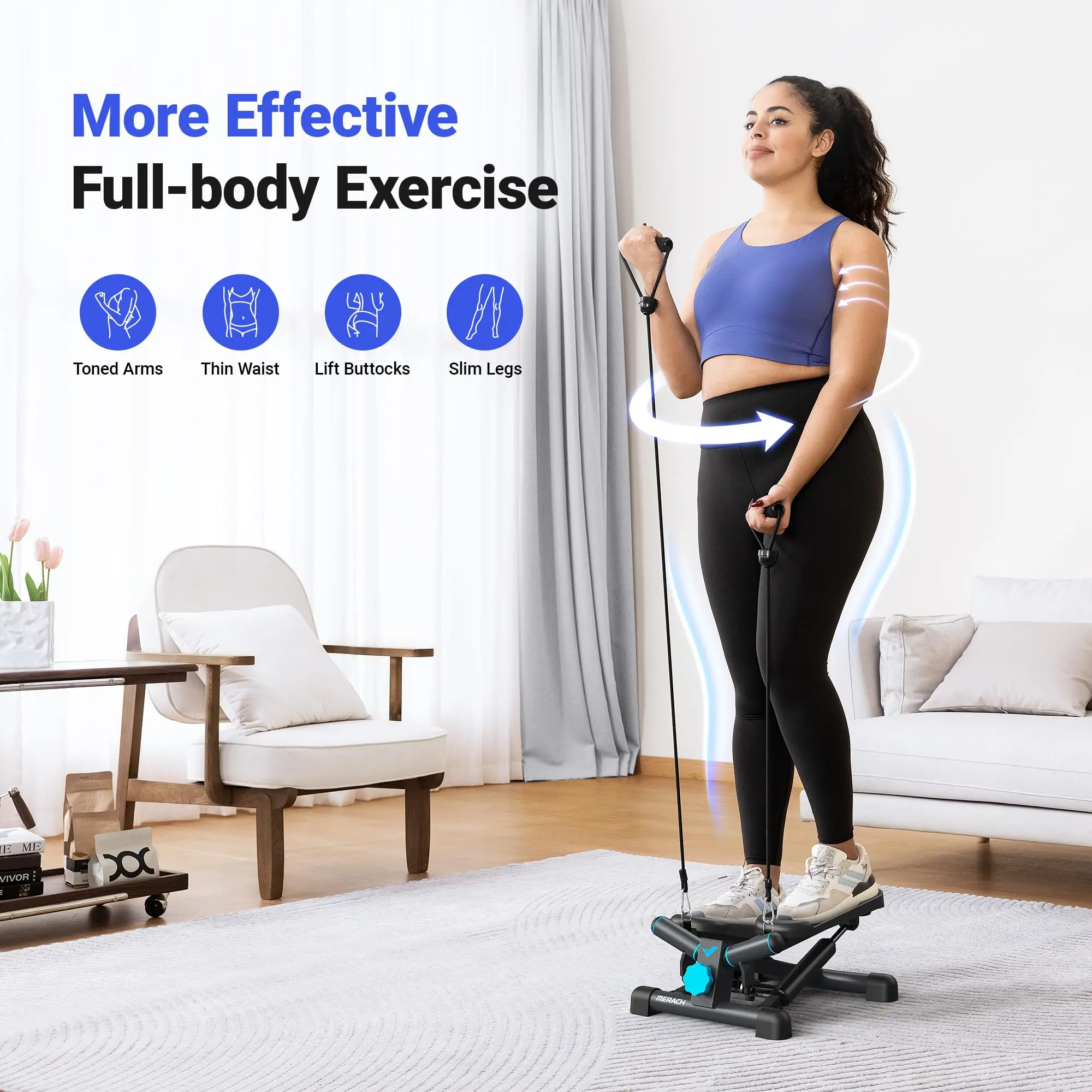 MERACH Mini paso a paso para ejercicio, escalera giratoria, capacidad de 330 libras, equipo de ejercicio paso a paso con banda de resistencia para fitness