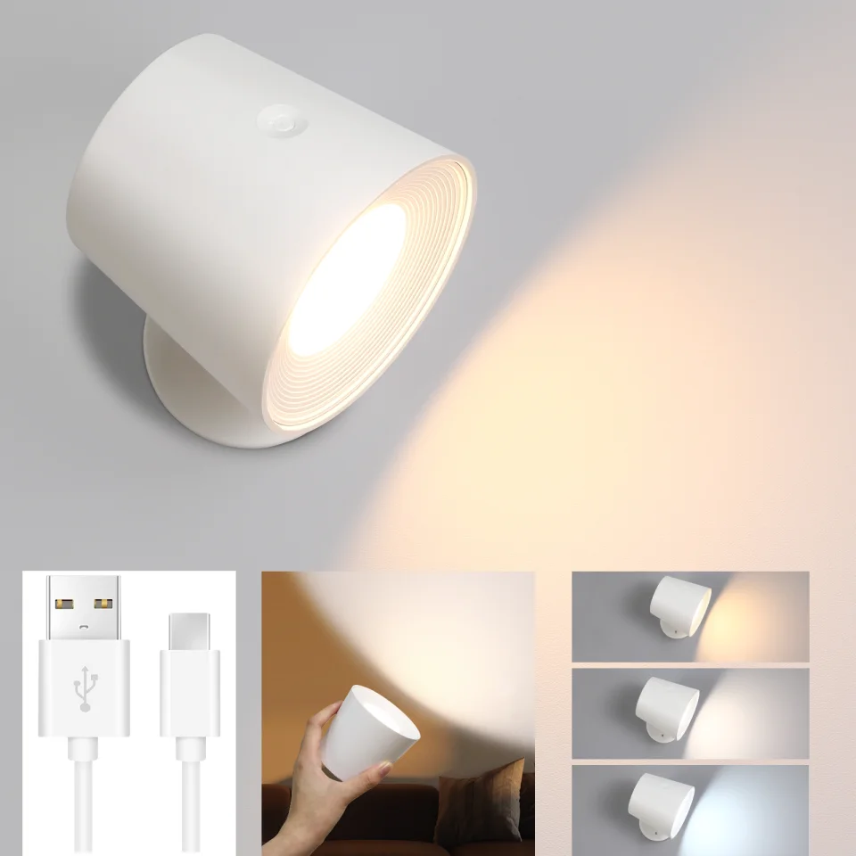 1/2er Set Kabellose LED Wandleuchte Batteriebetrieben Ohne Verkabelung Magnetisch Abnehmbar 360° Drehbar Touch Dimmbar 3 Farbtemperaturen USB-C Leselampe für Schlafzimmer Treppenhaus