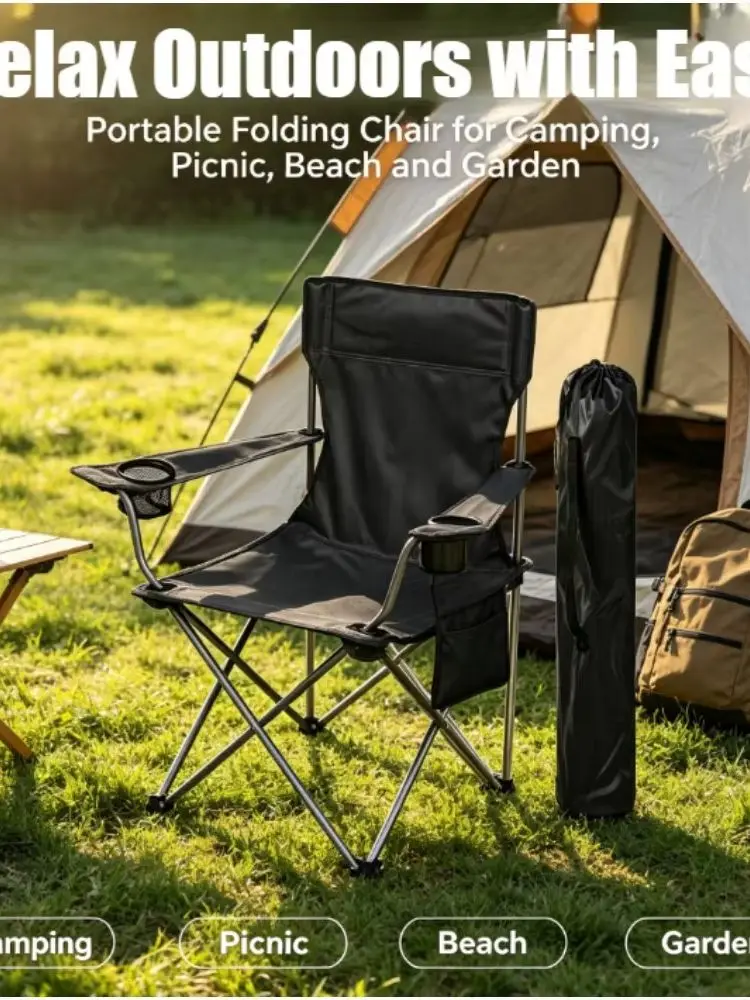 Tragbarer Klappbarer Campingstuhl, Robuster Outdoor-Klappstuhl mit Getränkehalter & Aufbewahrungstasche, für Camping, Strand, Angeln, Picknick, Garten