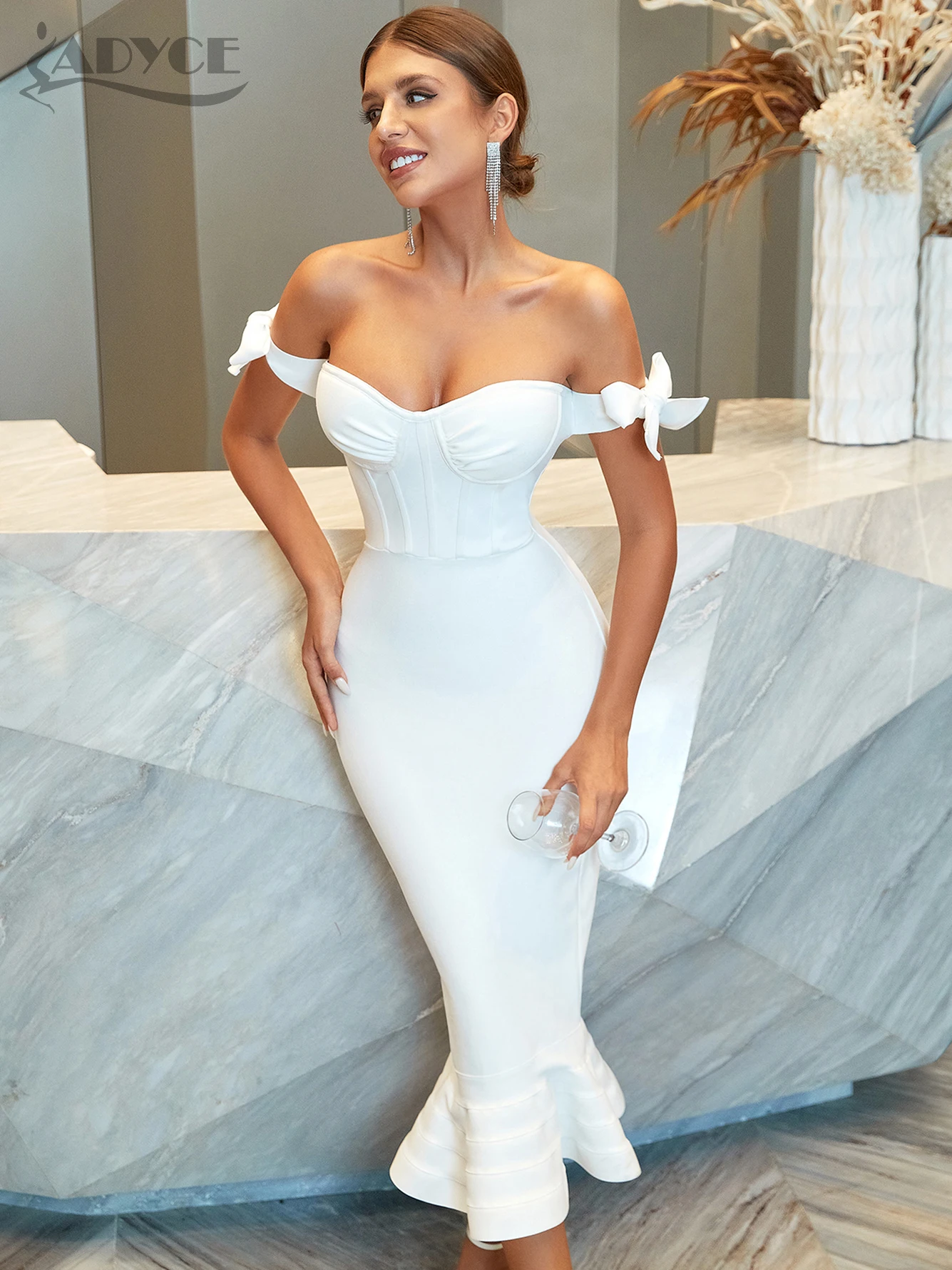 ADYCE New Summer 2023 Off Shoulder Bandage Mermaid Dress Sexy  Bow Sleeve Bodycon Club Celebrity Evening Party Dresses Vestidos