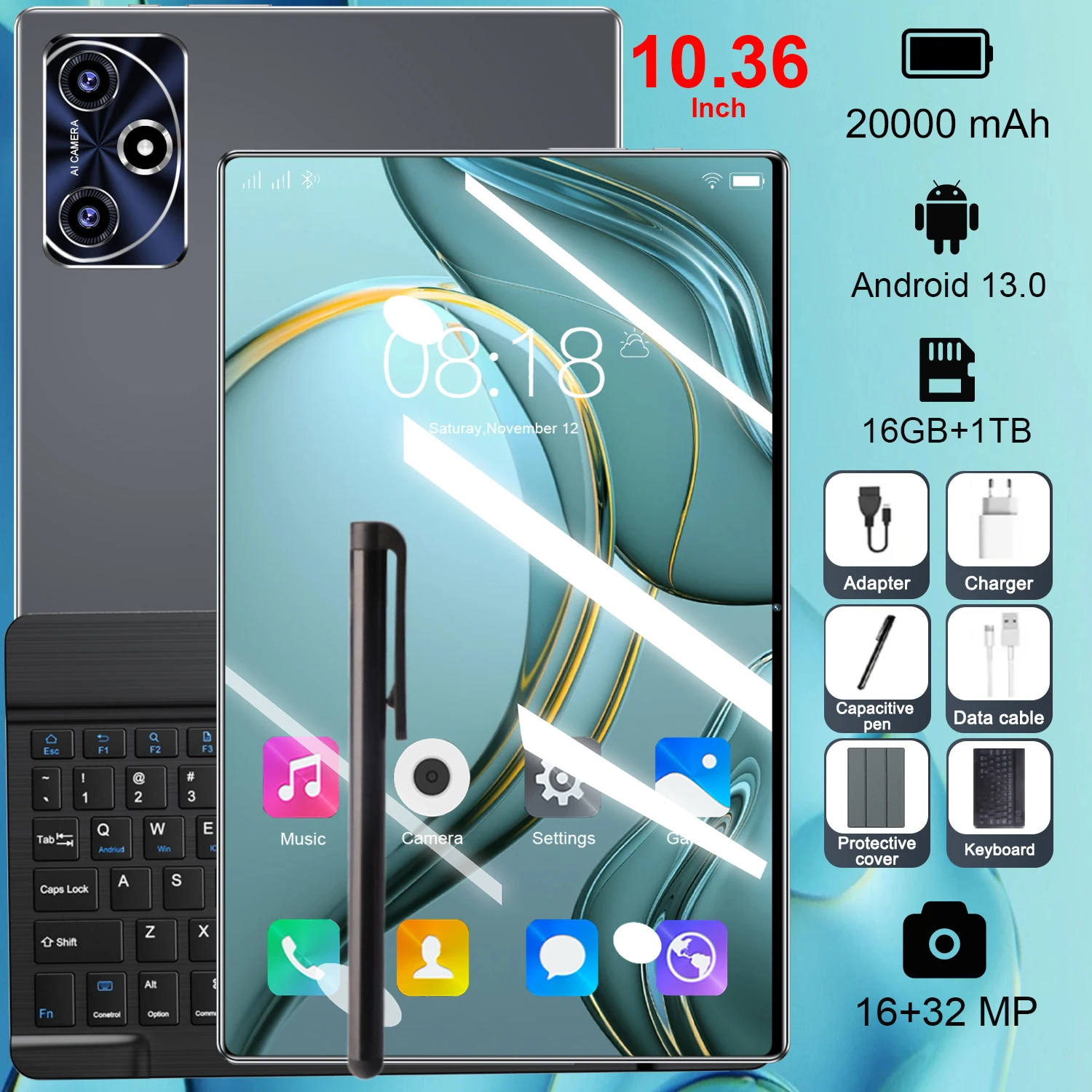 Tablette PC en stock entrepôt, écran 10,36 pouces, Android 13, processeur 14 cœurs, grande mémoire 16 Go + 1 To, batterie durable 20000 mAh, double SIM 5G et Wi-Fi fluide, doubles caméras HD pour le chat vidéo et le divertissement à domicile (films)