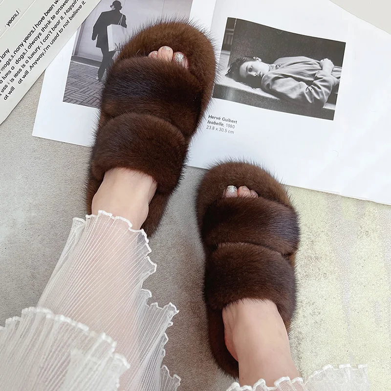 Winter Warm Slippers Mink Slippers Women Real Fur Slippers Outdoor Flat Female Fashion Ladies Designer Shoes For Women 2024