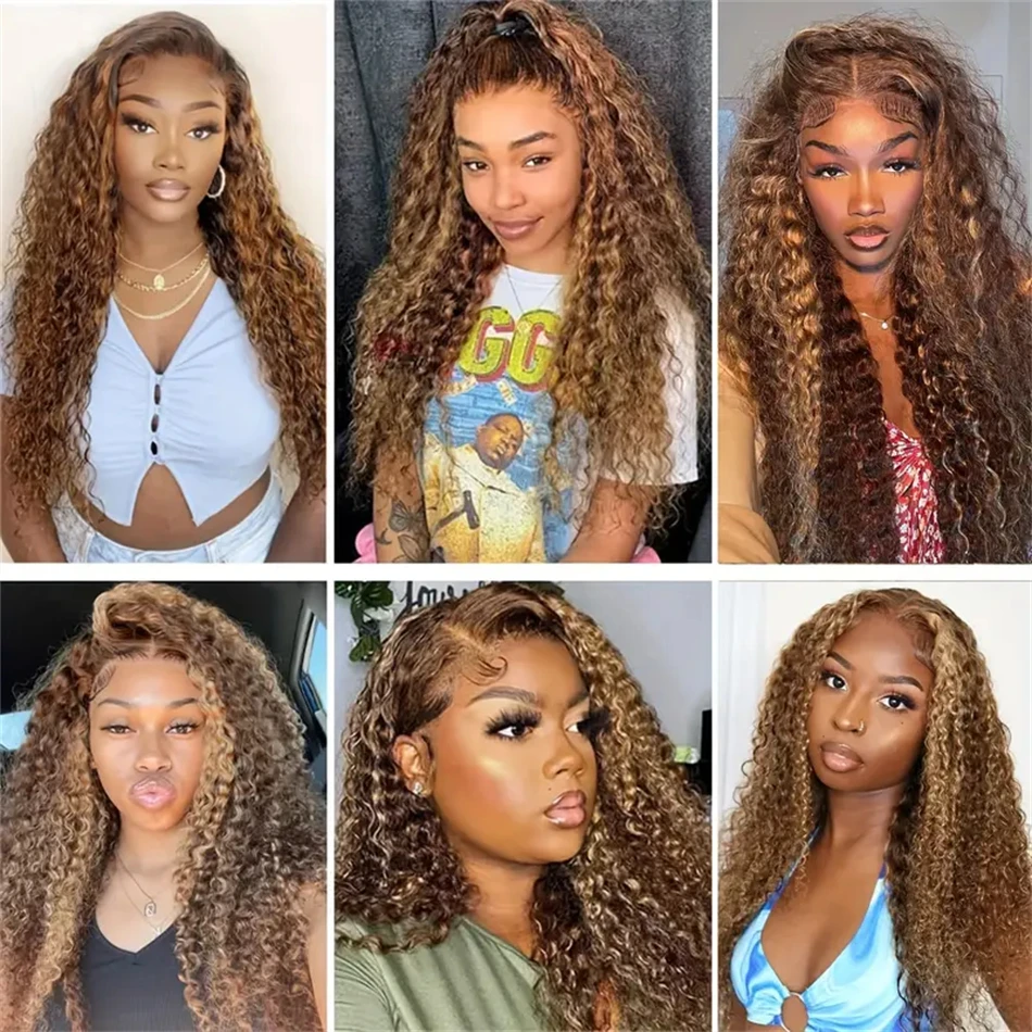Para mujeres 13x4 resaltar Ombre onda de agua pelucas delanteras de encaje cabello humano prearrancado 4/27 peluca de color rubio miel cabello humano rizado