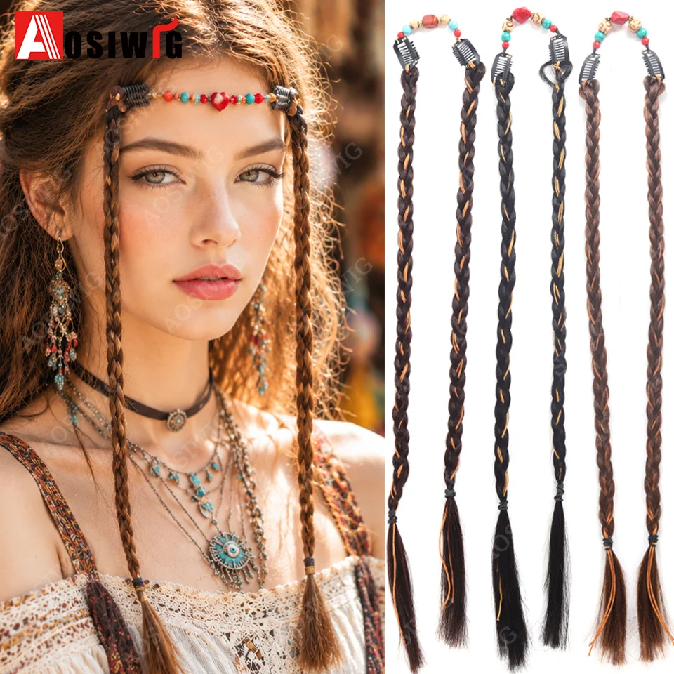 Synthetic Bohemian Long Beaded Braids Hair Extension Ponytail Hair Accessories Ethnic Clip On Wig Braid Hippie Festival For Wome