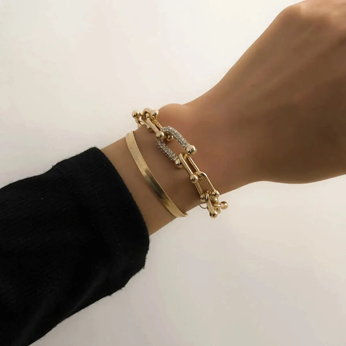 CARLIDANA Luxury U Shaped Metal Chain Bracelet 2pcs Set Fashion Hiphop Flat Snake Chain Bracelet Gold Color Jewelry for Women