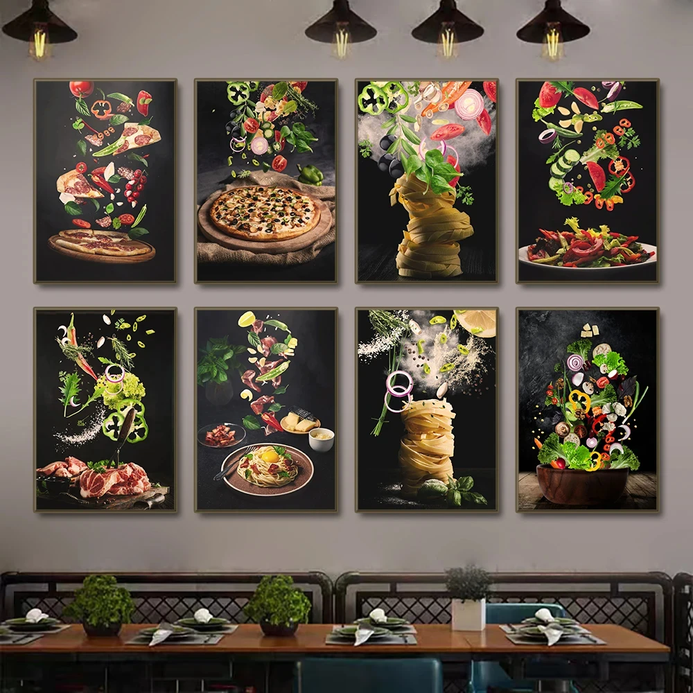 Wall Art Print Food Pizza Steak Salad Burger Burrito Pictures, Kitchen Poster, Restaurant Western Cuisine Decor Canvas Painting,