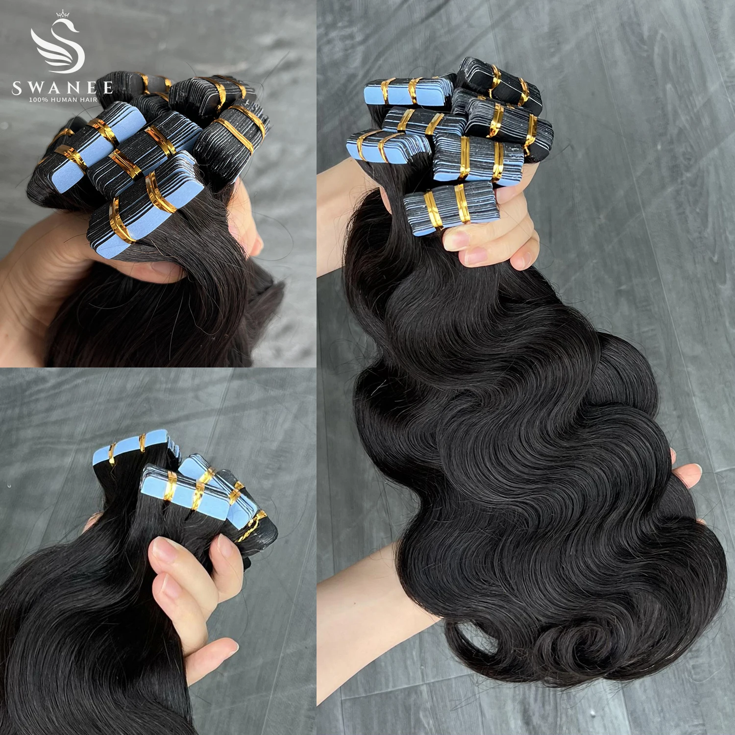 SWANEE pita Ekstensi gelombang rambut manusia, 100% rambut manusia tanpa kelim kulit PU lem perekat pada Salon kualitas untuk wanita