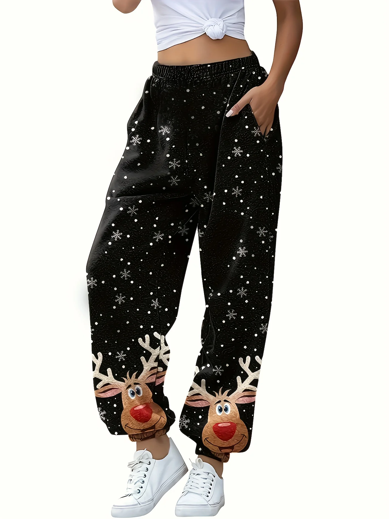 Christmas Reindeer Print Loose Jogger Pants Casual Elastic Waist Pants With Pocket Women\'s Clothing