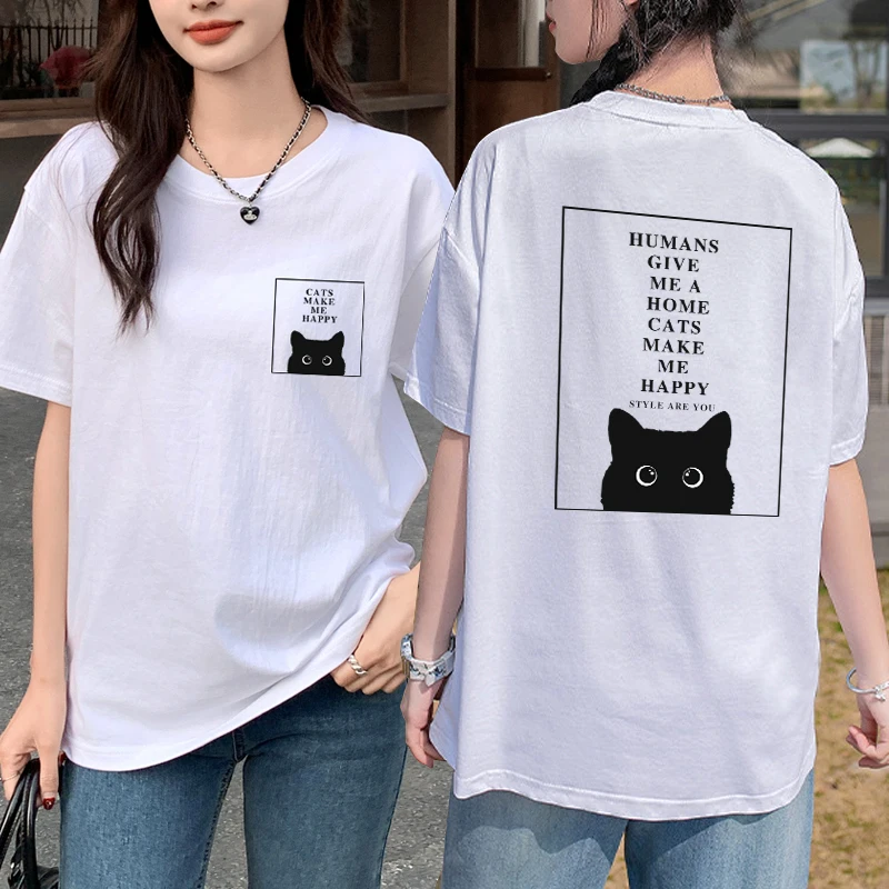 여성용 면 ~2XL 오버핏 고양이 프린팅 빅사이즈 박스 반팔 티셔츠 편안한 티 TS2681