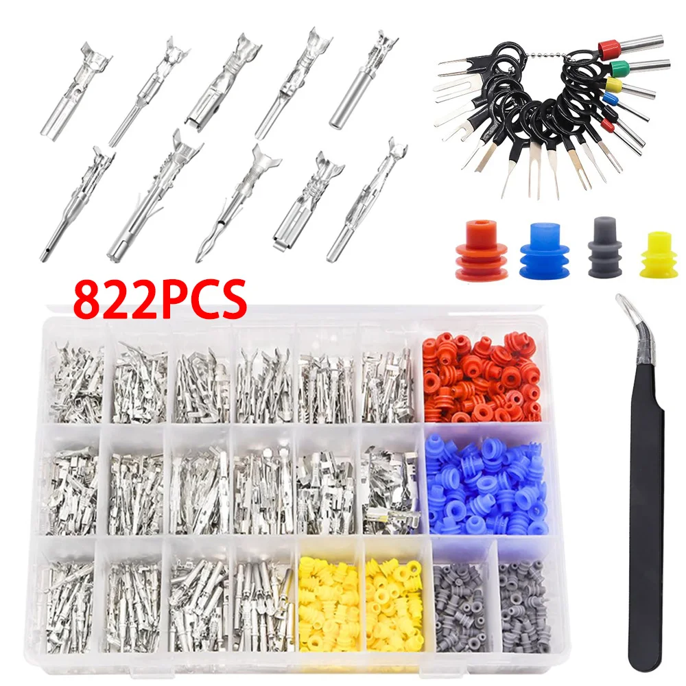 

822 шт. автомобильный контактный разъем, комплект клеммных контактов 1,5/1,8/2,5/2,8 мм, мужские и женские обжимные штифты, неизолированный набор инструментов для удаления вилки