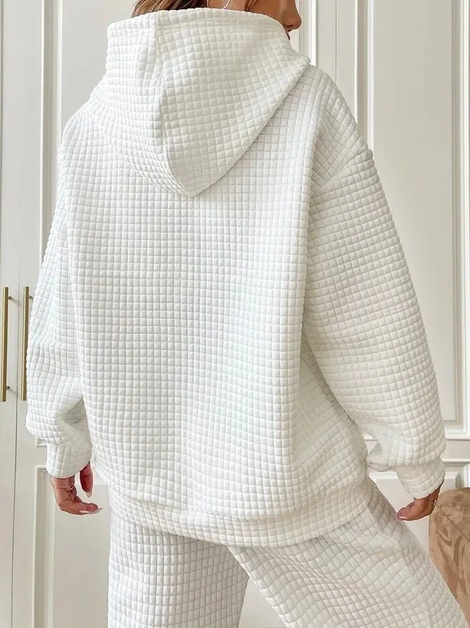 Women's Winter Thick Waffle Knit Solid Color Round Neck Pocket Sweatshirt Hip Length Crinkled Hoodie Women's Hoodies And