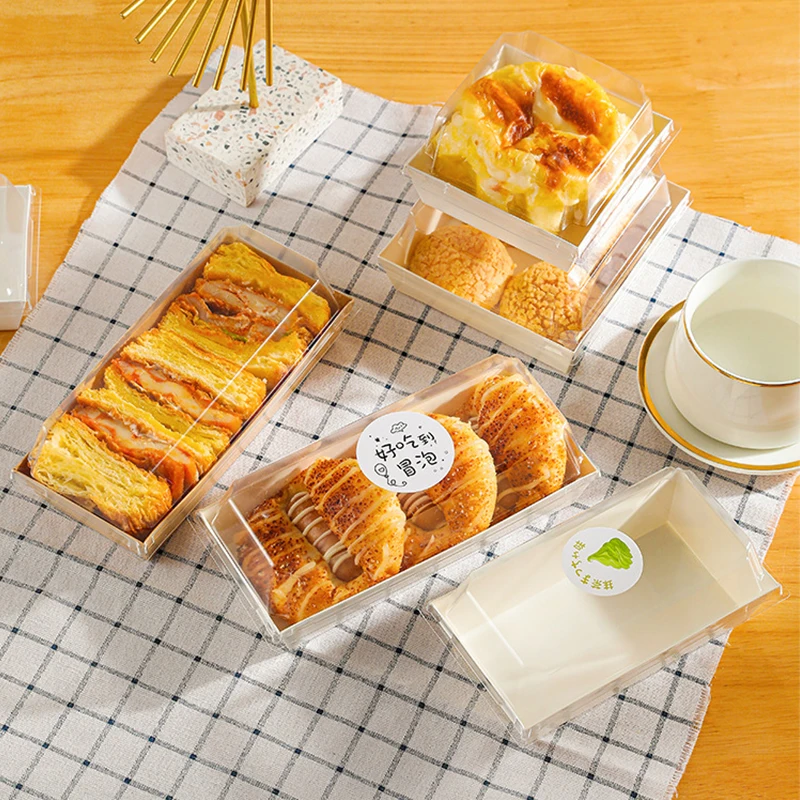 50Pcs White Kraft Paper Food Trays Rectangular Wrapping Boxes Sandwich Cake Bread Snack Bakery Packing Box with Clear Lids