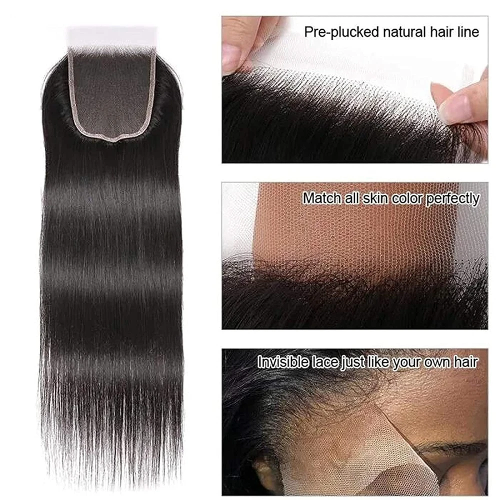 Sophia-Bundles de cheveux humains raides avec fermeture, tissage de cheveux péruviens, 3 faisceaux, 4x4 Lace Closure, extensions de cheveux, 26 ", 28", 30"