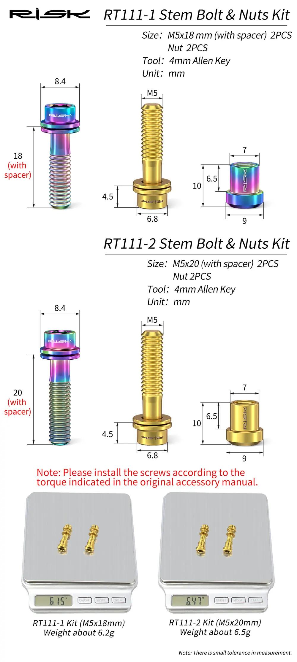 RISK M5x18mm Bicycle Titanium Stem Screws Bolt Nut Kits for MTB Mountain Road Bike Carbon Stem Handlebar Ultralight Stem Screws