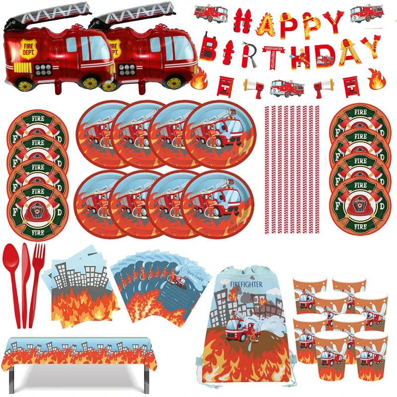 12 Inch Firefighter Themed Party Balloons Firetruck Happy Birthday Banner Kids Party Cutlery Honeycomb Baby Shower Decoration