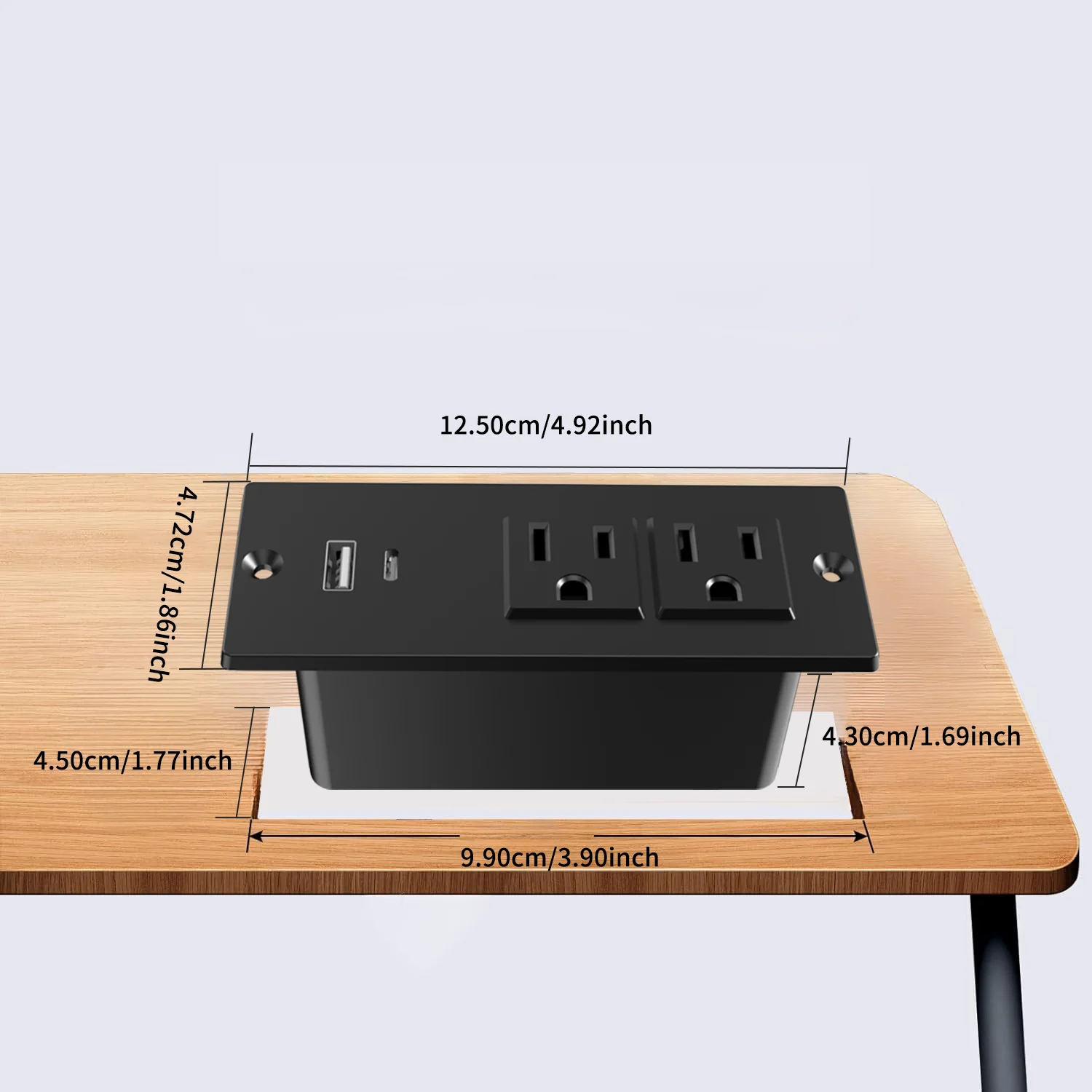 Mini Recessed Power Strip 2 AC Outlets 1 USB-A & 1 Type-C (5V 2.1A) Charging Port Built-in Socket with 1.5 meters of extension cord for Office Counter Small Worktable