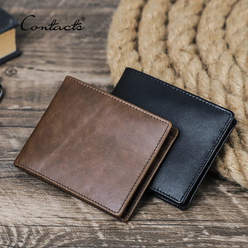 CONTACT'S Genuine Leather Men Wallet Samll Bifold Design Casual Thin Slim Wallets Card Holder Vintage Male Purse Money Clip