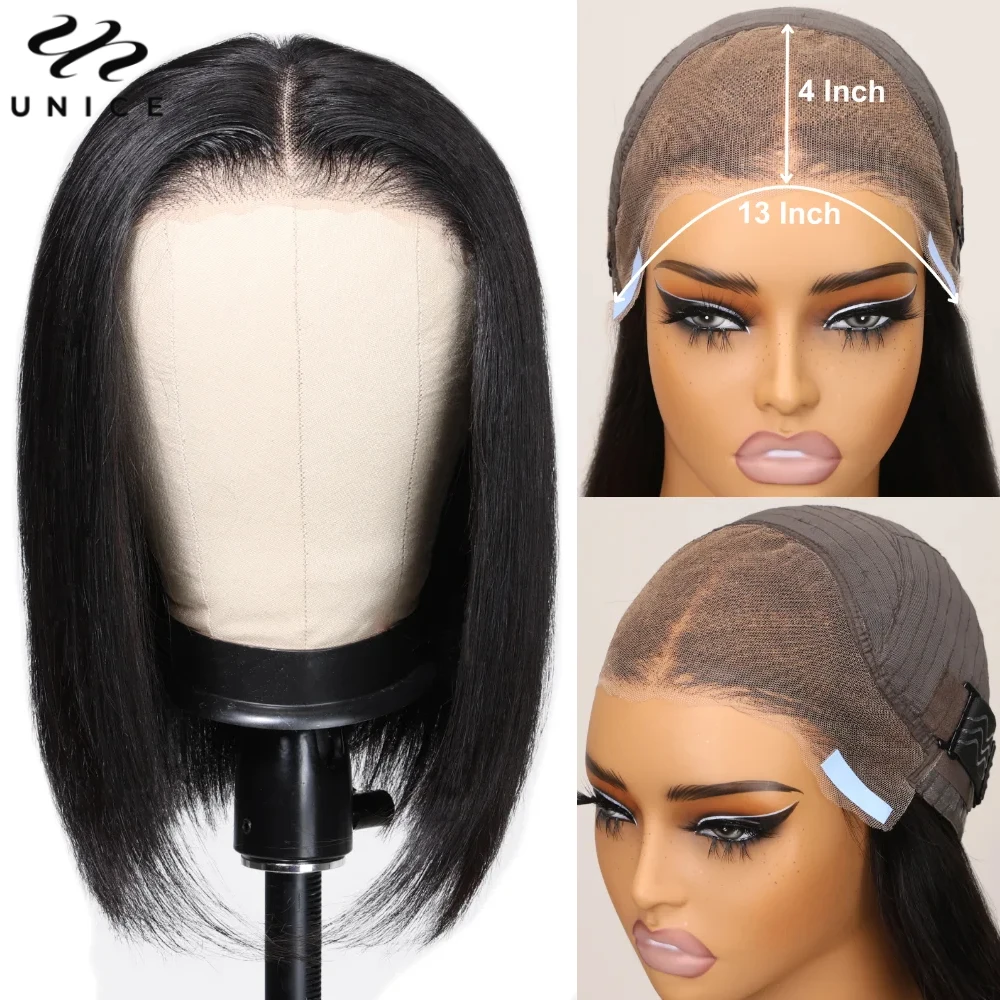 UNice Pre Everything 7x5 13x4 Straight Bob Wigs Pre Cut Bleached Human Hair Lace Frontal Wig 150% Density Wear Go Glueless Wig