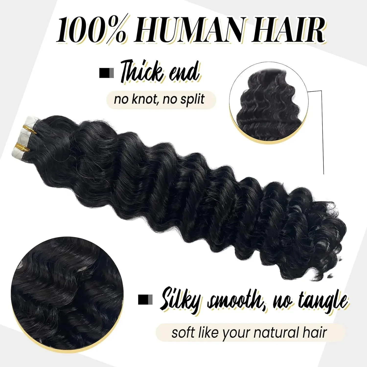 Deep Wave Tape In Hair Extensions Human Hair Natural Black Color Curly Tape In Hair Extensions 16-26 Inches 20Pcs 50G For Woman