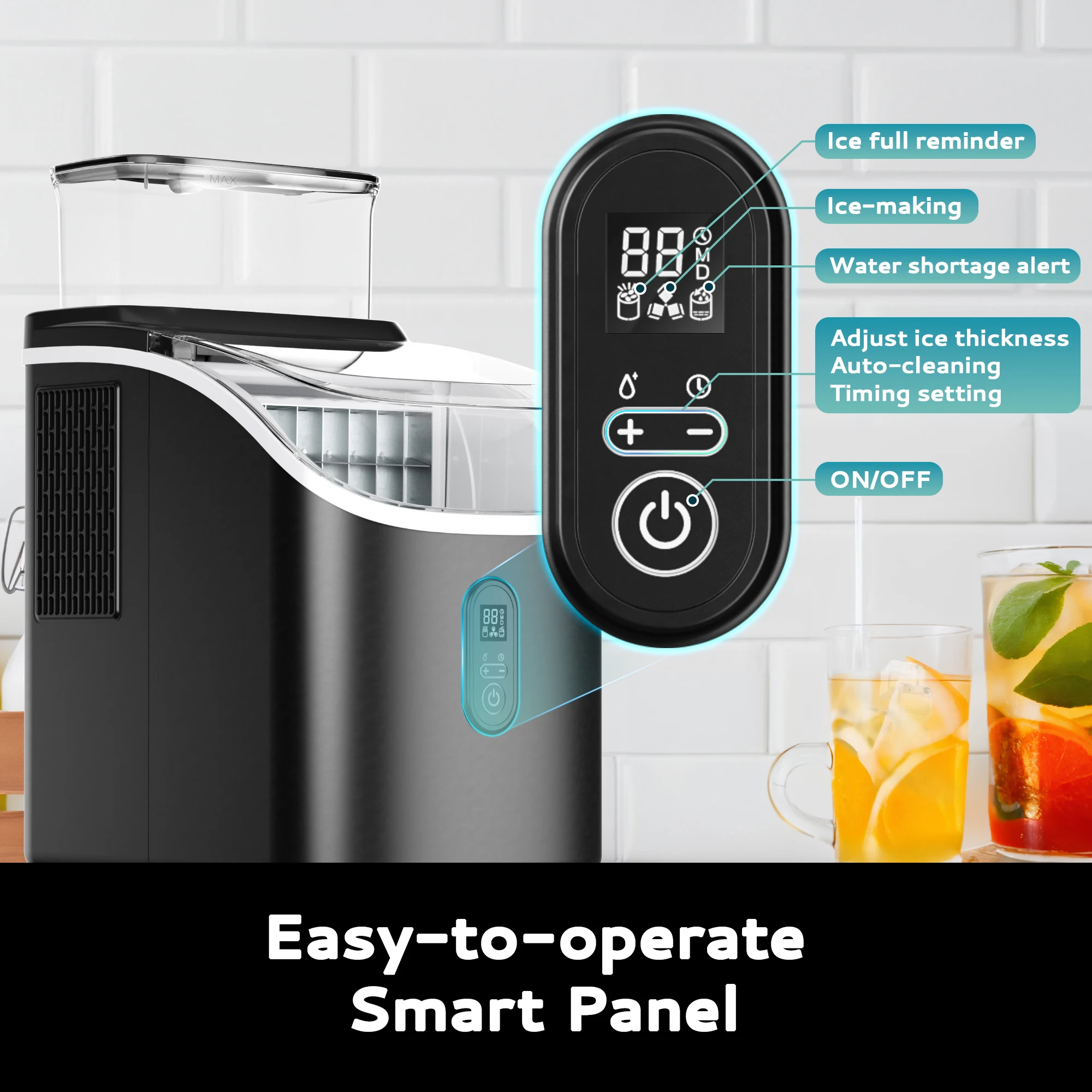 SIMZLIFE Ice Cube Maker Machine with External 34Lbs Water Tank 16Pcs Ready in 13 Mins 2 Ways to Add Water for Kitchen Office Bar