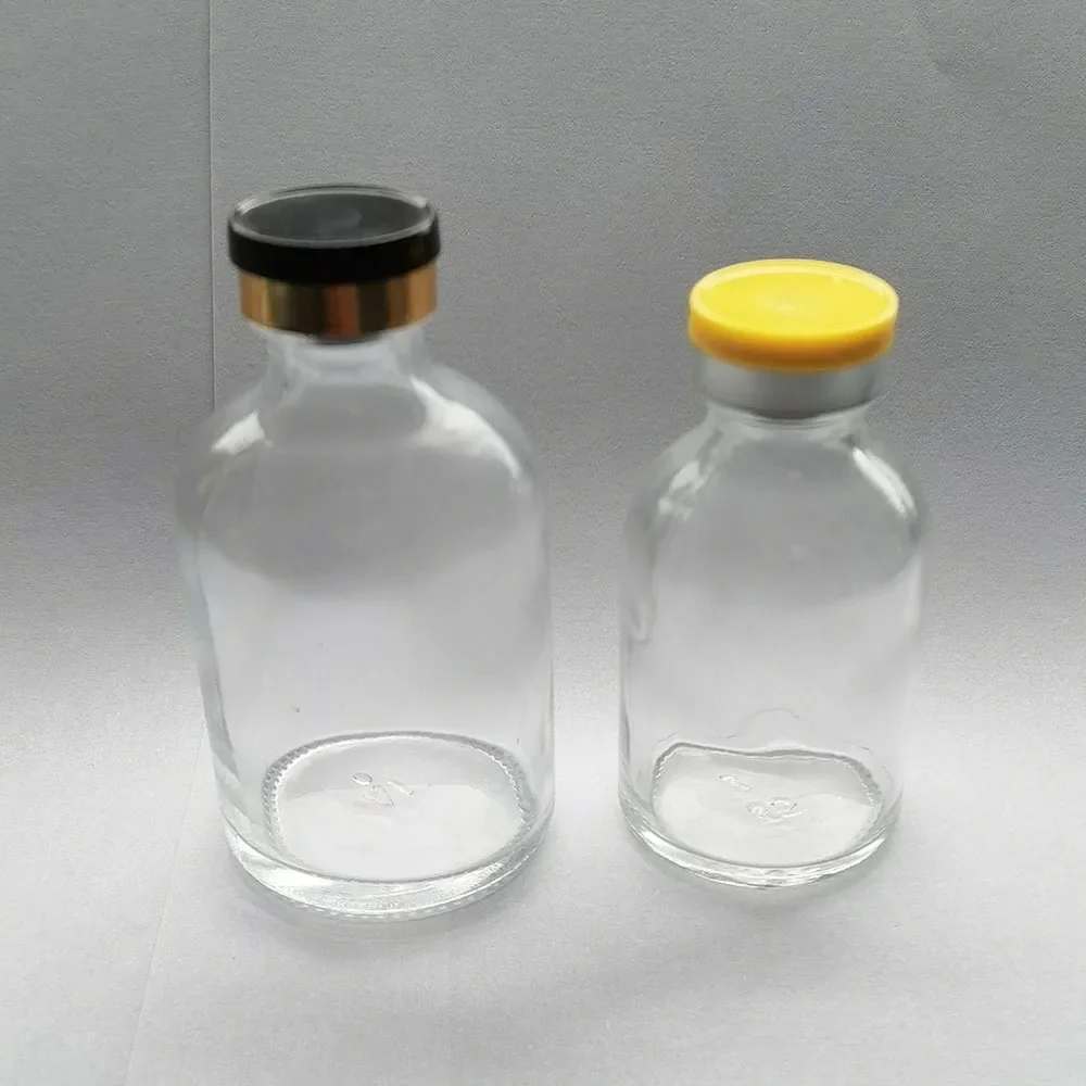 Pusta 100ML 50ML 30ML przezroczysta szklana fiolka do wstrzykiwań z plastikową aluminiową nakrętką 1 uncja przezroczyste szklane pojemniki na leki w płynie — zdjęcie 2