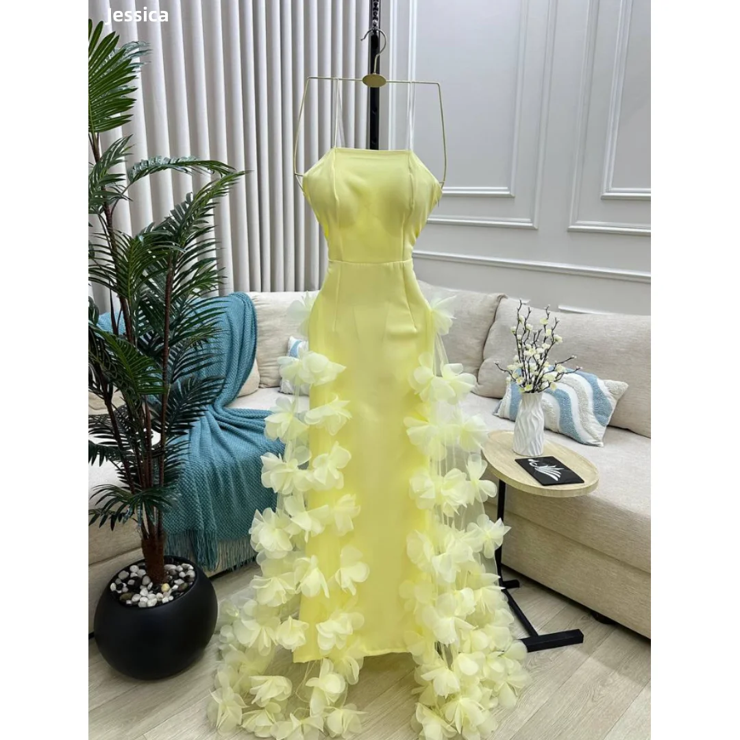 

Jessica Yellow Slim Fit Four-way stretch Evening Dresses Handmade Flowers Prom Dresses Wedding Party Dresses Customized