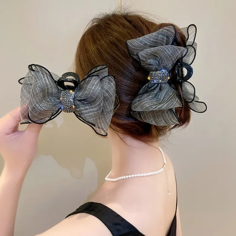 Elegancka siateczka Mesh spinki do włosów z kokardą damskie klamra błyszczący stras spinki do włosów dziewczęce nakrycia głowy akcesoria do włosów prezenty — zdjęcie 2