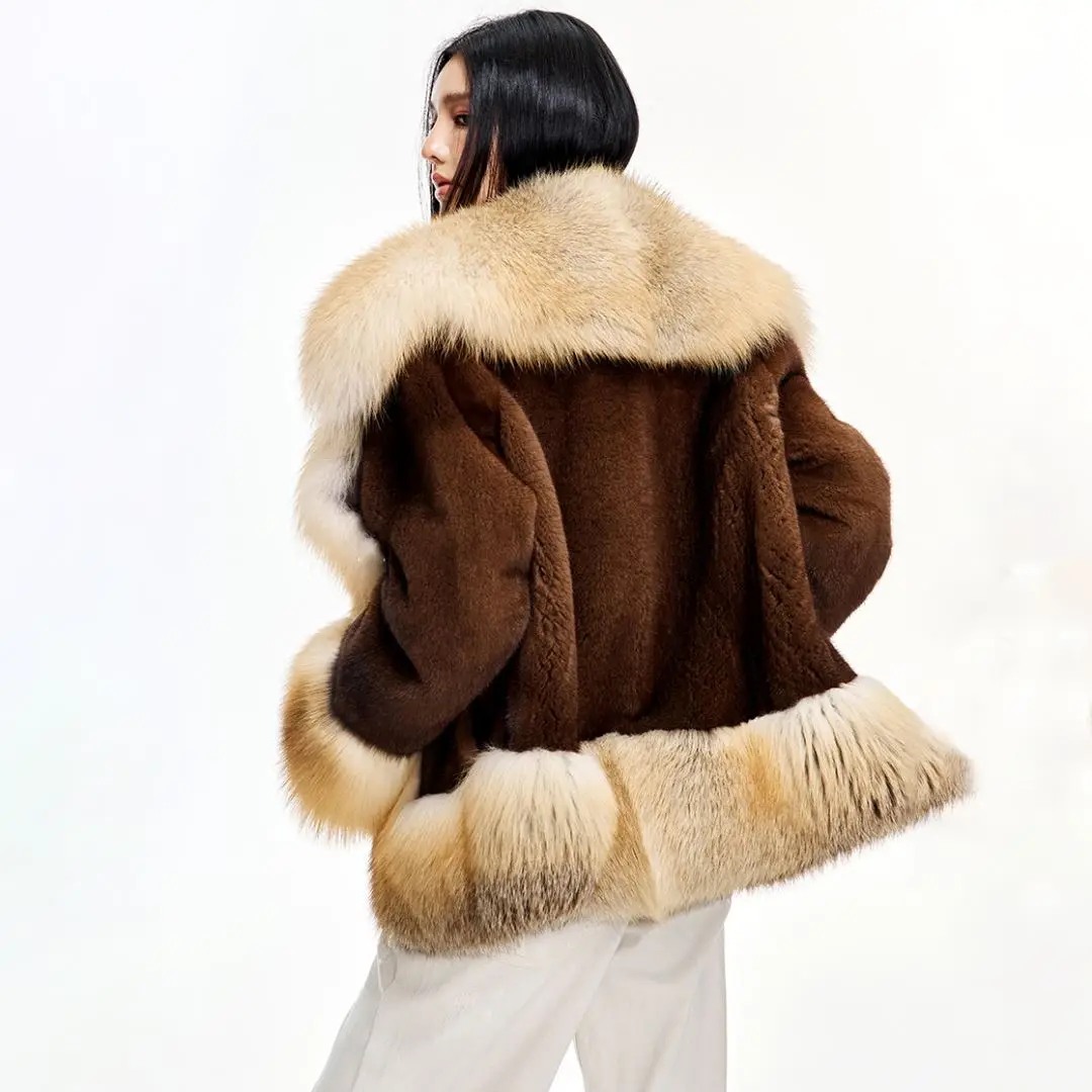 High Quality Natural Mink Fur Jacket with Big Fox Fur Turn-down Collar Wholeskin Genuine Mink Fur Coats Woman Outwear Luxury