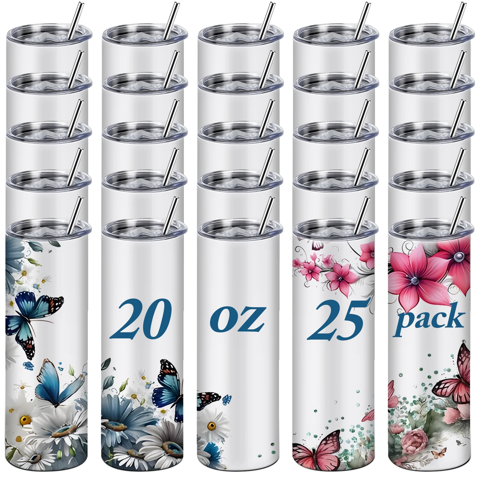 25 Pack Sublimation Tumbler Wholesale 20 OZ Vacuum Sublimation Blanks Staight Tumbler Cup Insulaed Skinny Bulk Skinny Flasks