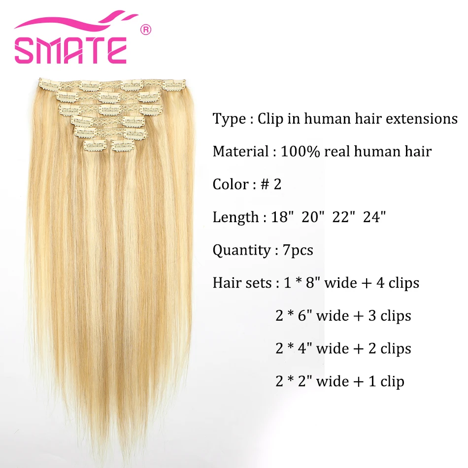 SMATE Straight Clip In Human Hair Extensions7 Pcs/Set Natural Color Clip Ins Remy Hair 18-24 Inches 100Gram For Fashion Wom